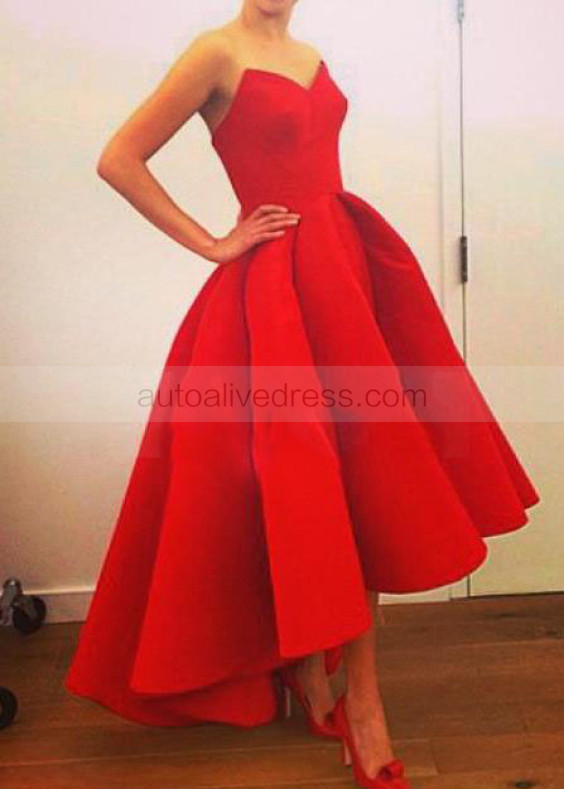Red Satin High Low Pleated Evening Dress 
